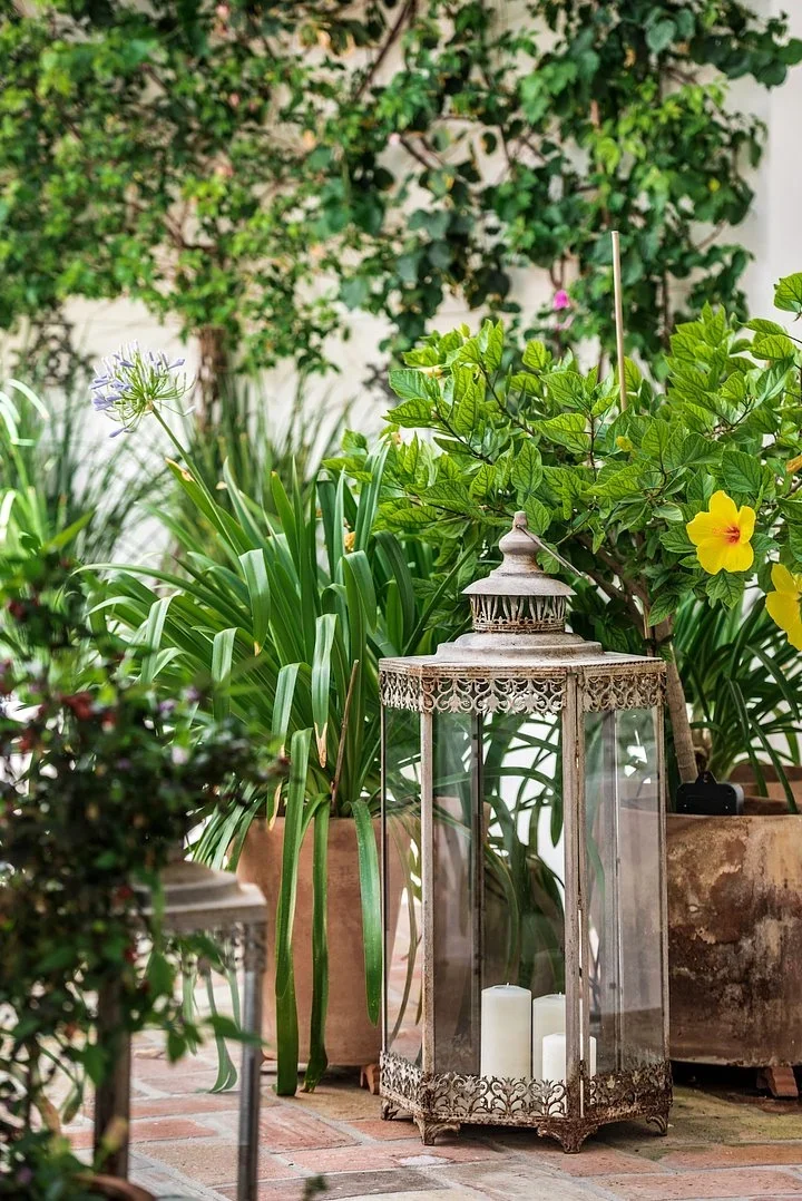 Ornate metal lantern holding white candles among potted plants and yellow hibiscus flowers on a brick floor