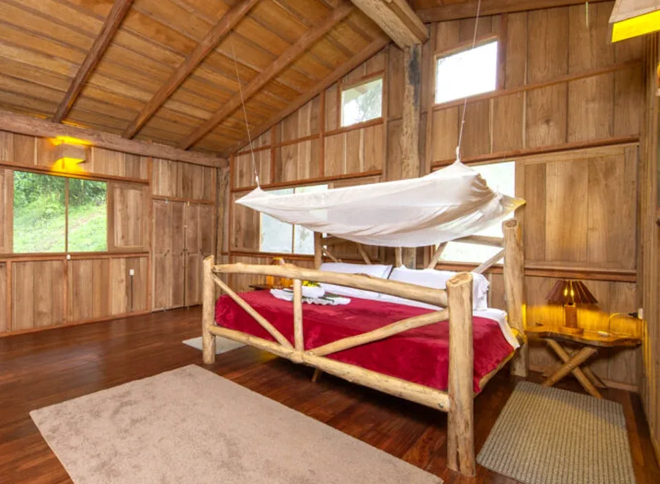Bright wooden bedroom with a vaulted ceiling, log bed and red blanket