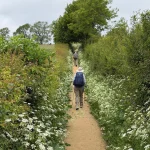 Guests on a Cotswolds walking retreat following a footpath lined with white wildflowers and hedgerows