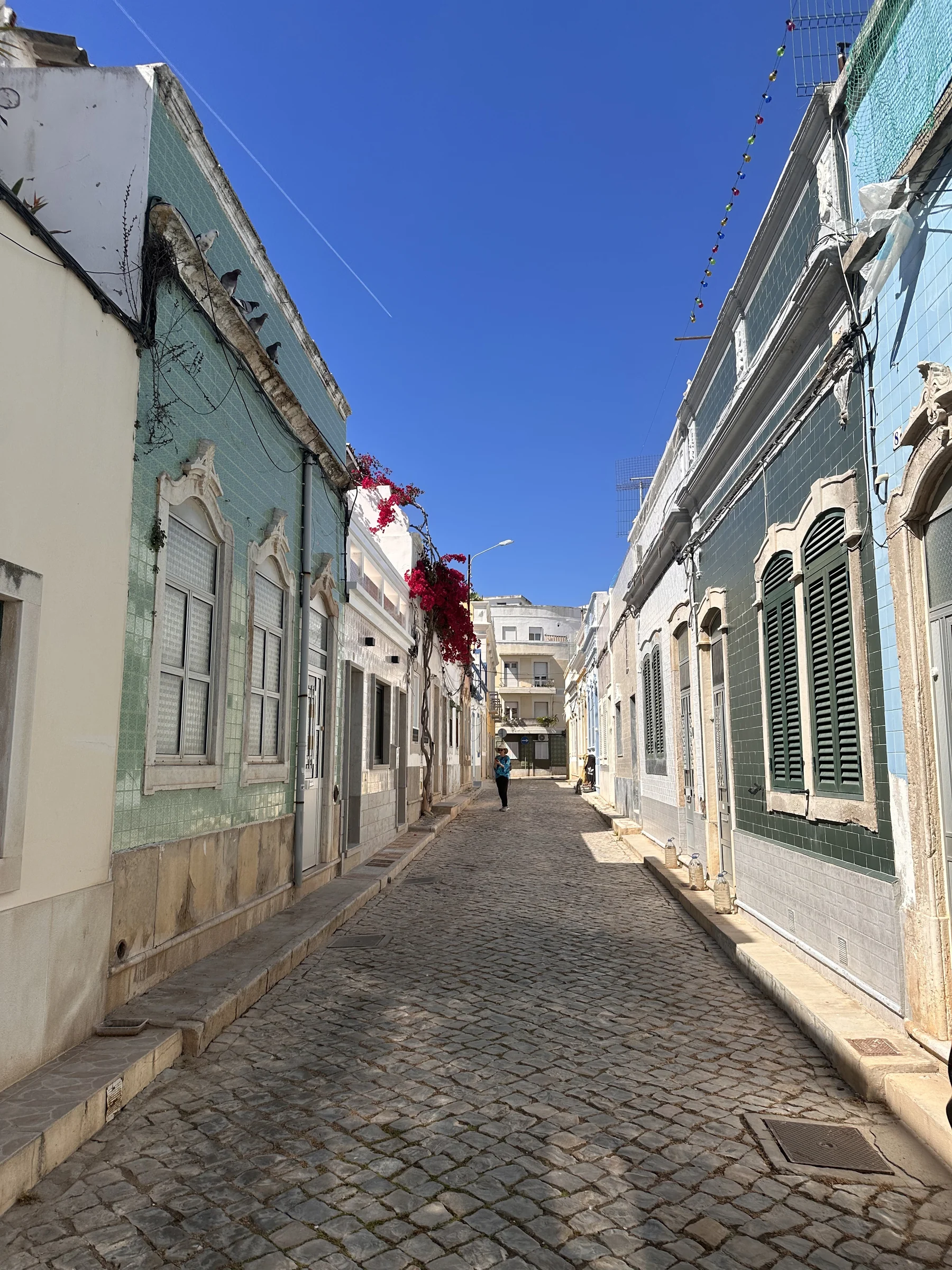Narrow cobblestone street lined with pastel houses under a bright blue sky